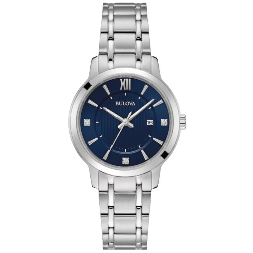 BULOVA CLASSIC 96P235 NAVY DIAL SILVER BRACELET QUARTZ 32MM WOMENS WATCH